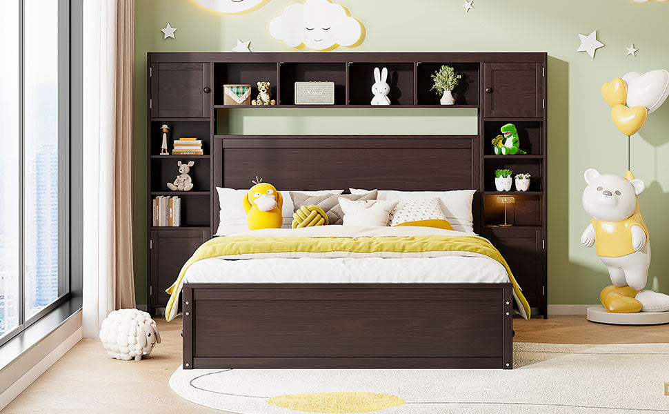 Queen Size Wooden Bed With All-in-One Cabinet, Shelf and Sockets, Espresso - Atlantic Fine Furniture Melbourne FL