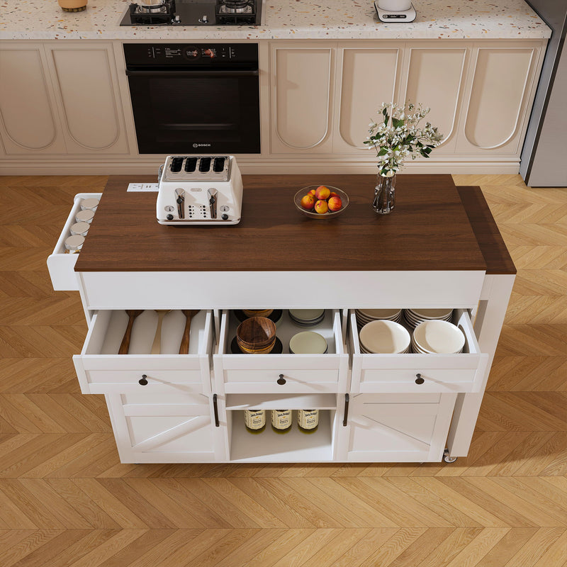 Modern Kitchen Island With Extendable Dining Table & Power Outlet - White