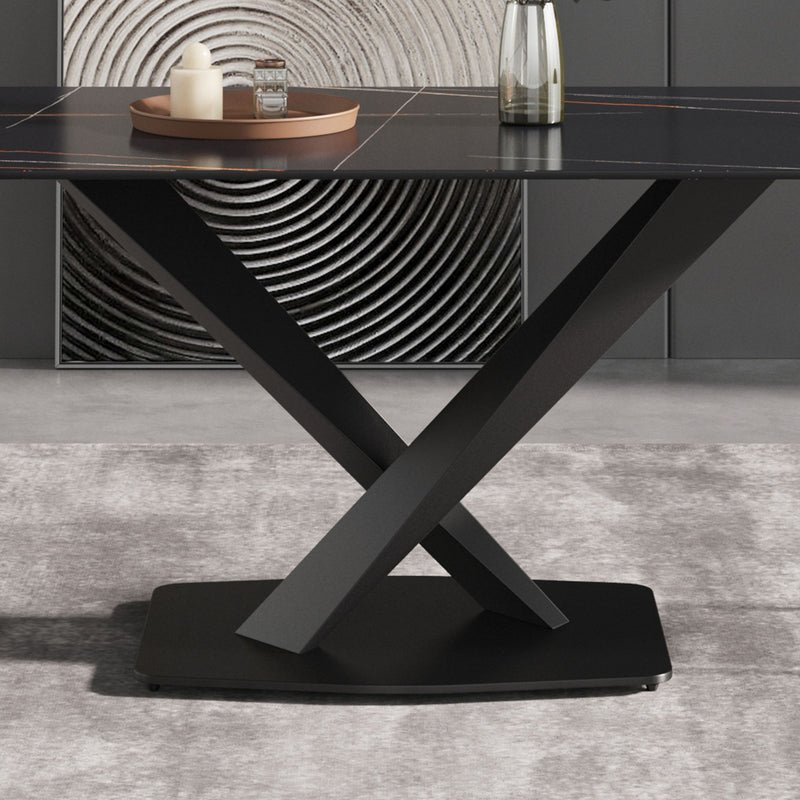 Modern Artificial Stone Straight Edge Metal X-Leg Dining Table, 6 People - Black