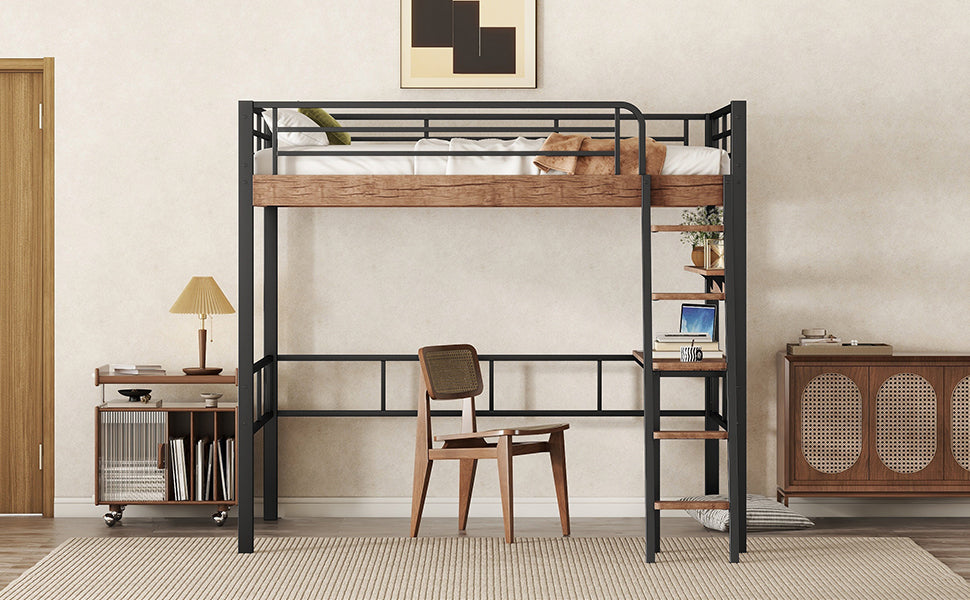Metal Full Size Loft Bed with Built-in Desk, Storage Shelf and Ladder, Black