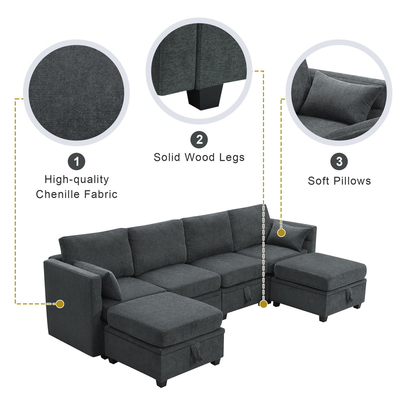 [VIDEO provided] [New] 109*54.7" Chenille Modular Sectional Sofa,U Shaped Couch with Adjustable Armrests and Backrests,6 Seat Reversible Sofa Bed with Storage Seats for Living Room, Apartment,2 Colors