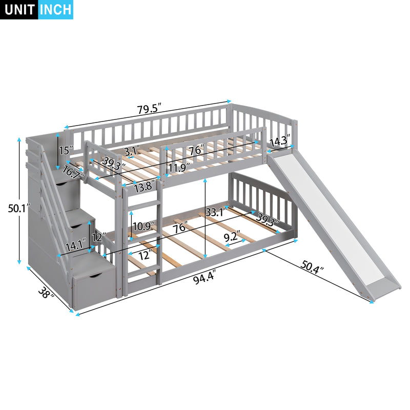 Stairway Twin over Twin Bunk Bed with Two Drawers and Slide, Gray(OLD SKU :LT000155AAE)