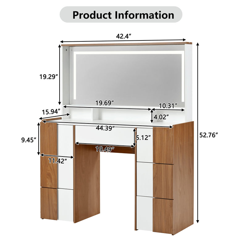 Elegant Vanity Table With Large Lighted Mirror & Power Outlet, Dressing Table With 7 Drawers & Shelves, Vanity Desk With Brown Solid Wood Style Stickers - Brown / White