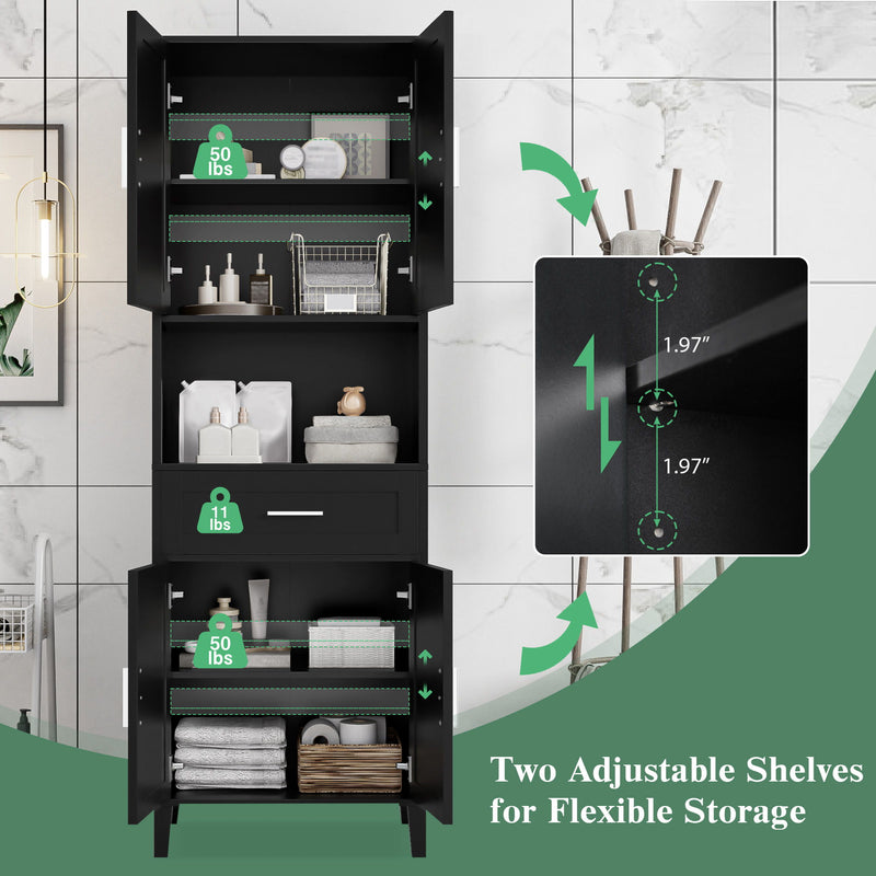 Freestanding Tall Bathroom Cabinet With Soft Close Doors And Adjustable Shelves - Black