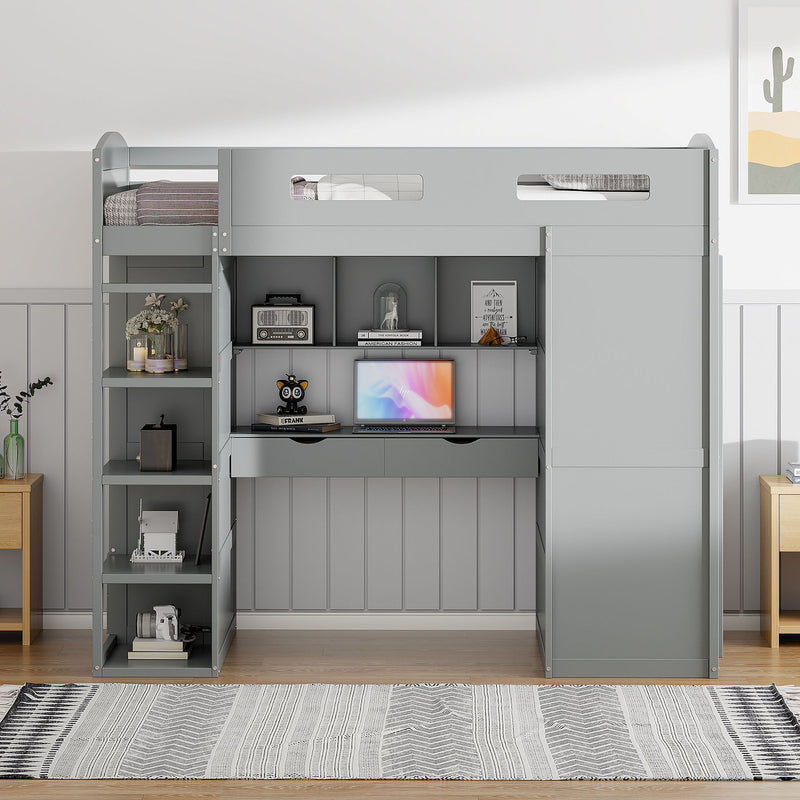 Loft Bed With Desk, Wardrobes, 4 Drawers And 4 Shelves
