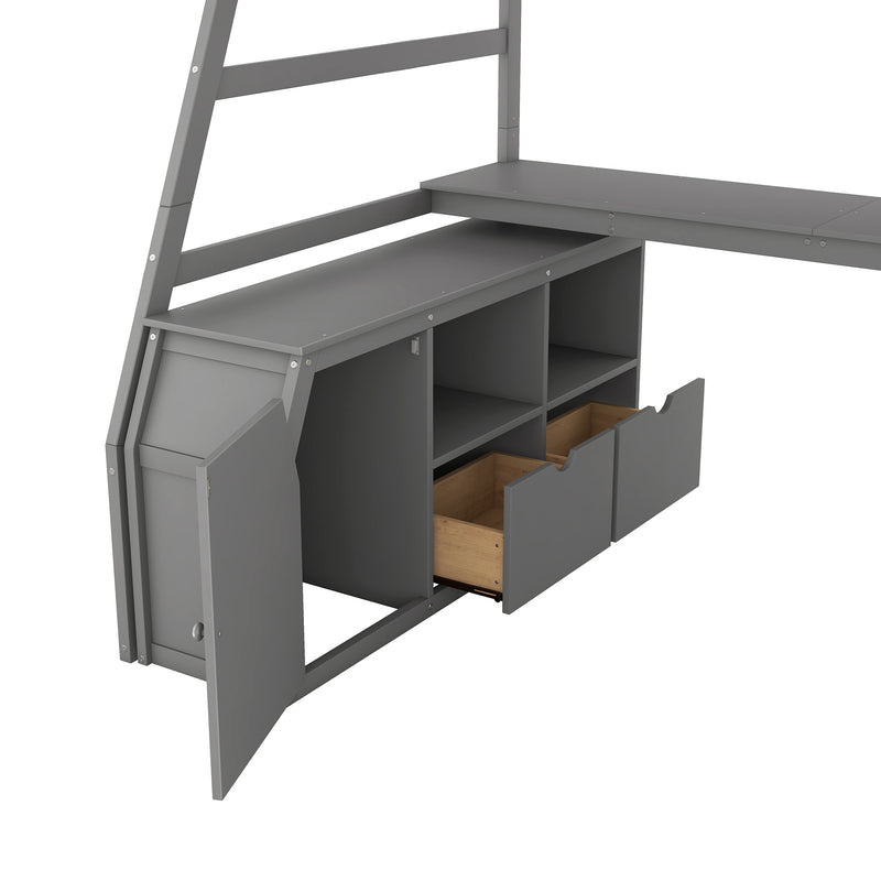 Twin Size Loft Bed with 7 Drawers 2 Shelves and Desk - Gray