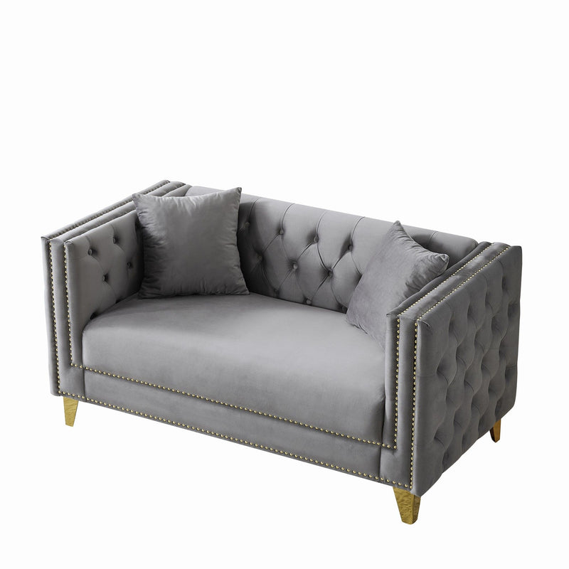 2 Seater Deep Seat Sofa, Sofa With Button Nailhead, Square Arm Couches, Furniture For Living Room - Gray