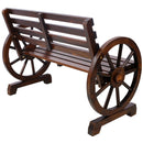 Rustic Country 2 Person Wooden Wagon Wheel Bench With Slatted Seat And Backrest - Brown