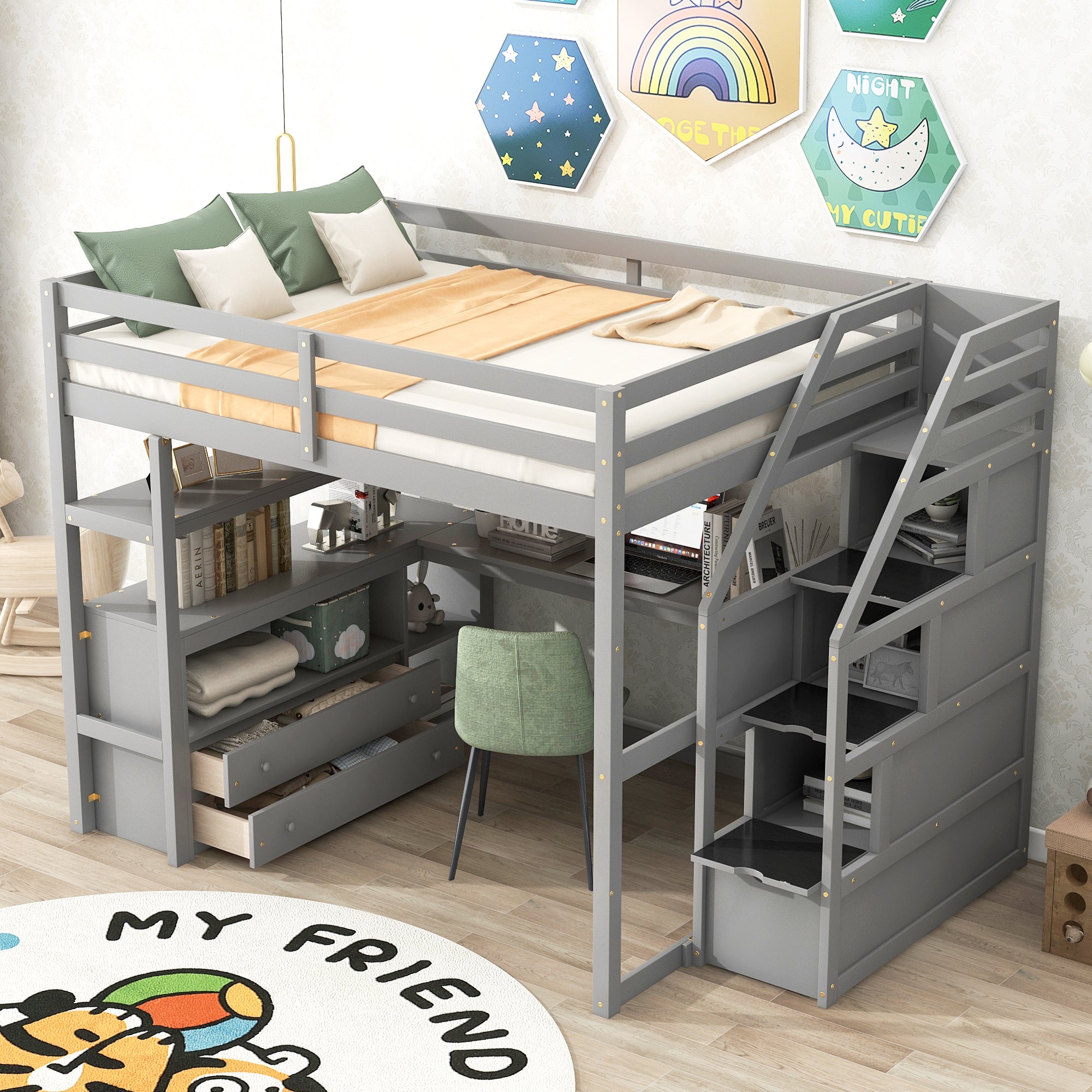 Full Size Loft Bed with Desk and Shelves, Two Built-in Drawers, Storage Staircase, Gray - Atlantic Fine Furniture Melbourne FL