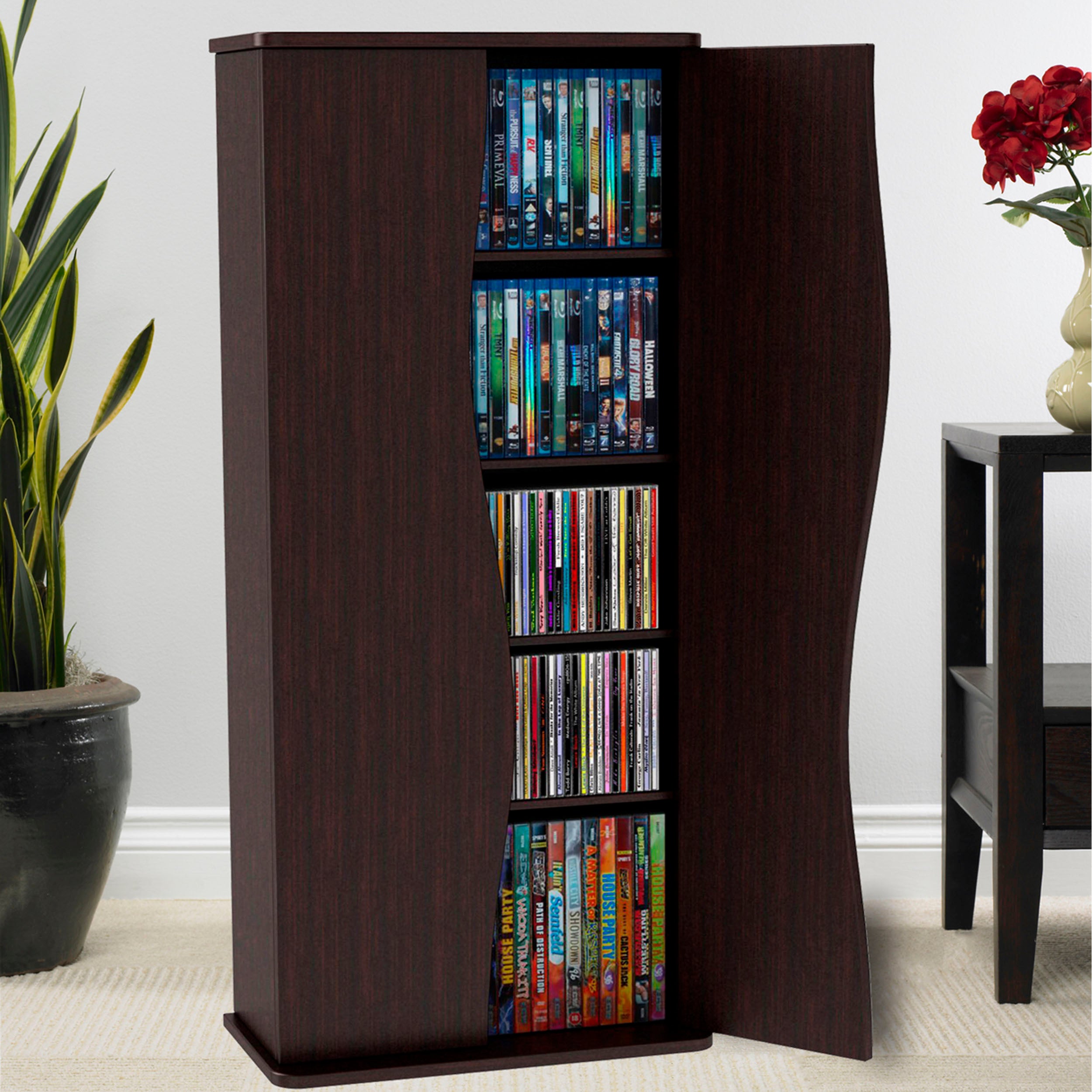 Multimedia Cabinet, 5 Sliding Dividers, Push to Open Magnetic Doors, 2 Fixed Shelves, 4 Adjustable Shelves in Espresso Brown
