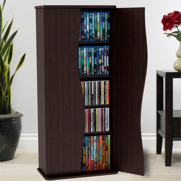 Multimedia Cabinet, 5 Sliding Dividers, Push to Open Magnetic Doors, 2 Fixed Shelves, 4 Adjustable Shelves in Espresso Brown