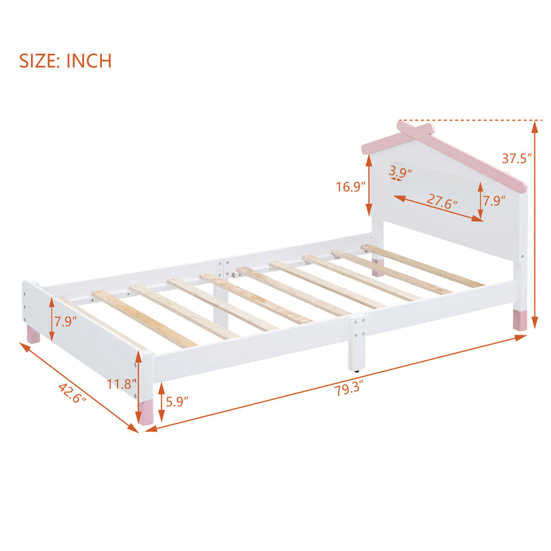 Twin Size Wood Platform Bed with House-shaped Headboard and Motion Activated Night Lights (White+Pink)