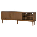 TV Stand With Vertical Slatted Doors And Sliding Panels, Solid Wood Legs - Brown