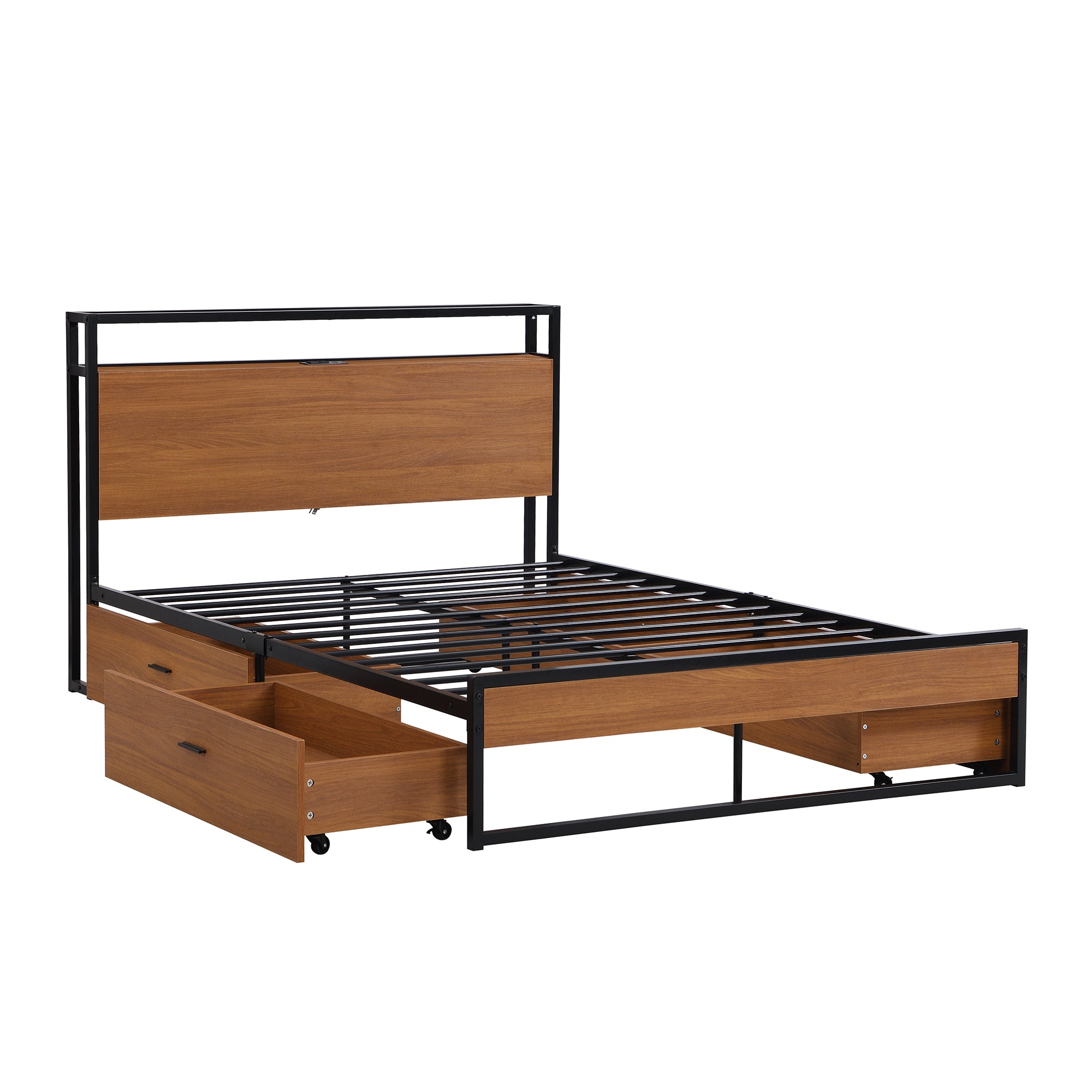 Full Size Metal Platform Bed Frame with  Four Drawers,Sockets and USB Ports ,Slat Support No Box Spring Needed Black - Atlantic Fine Furniture Melbourne FL
