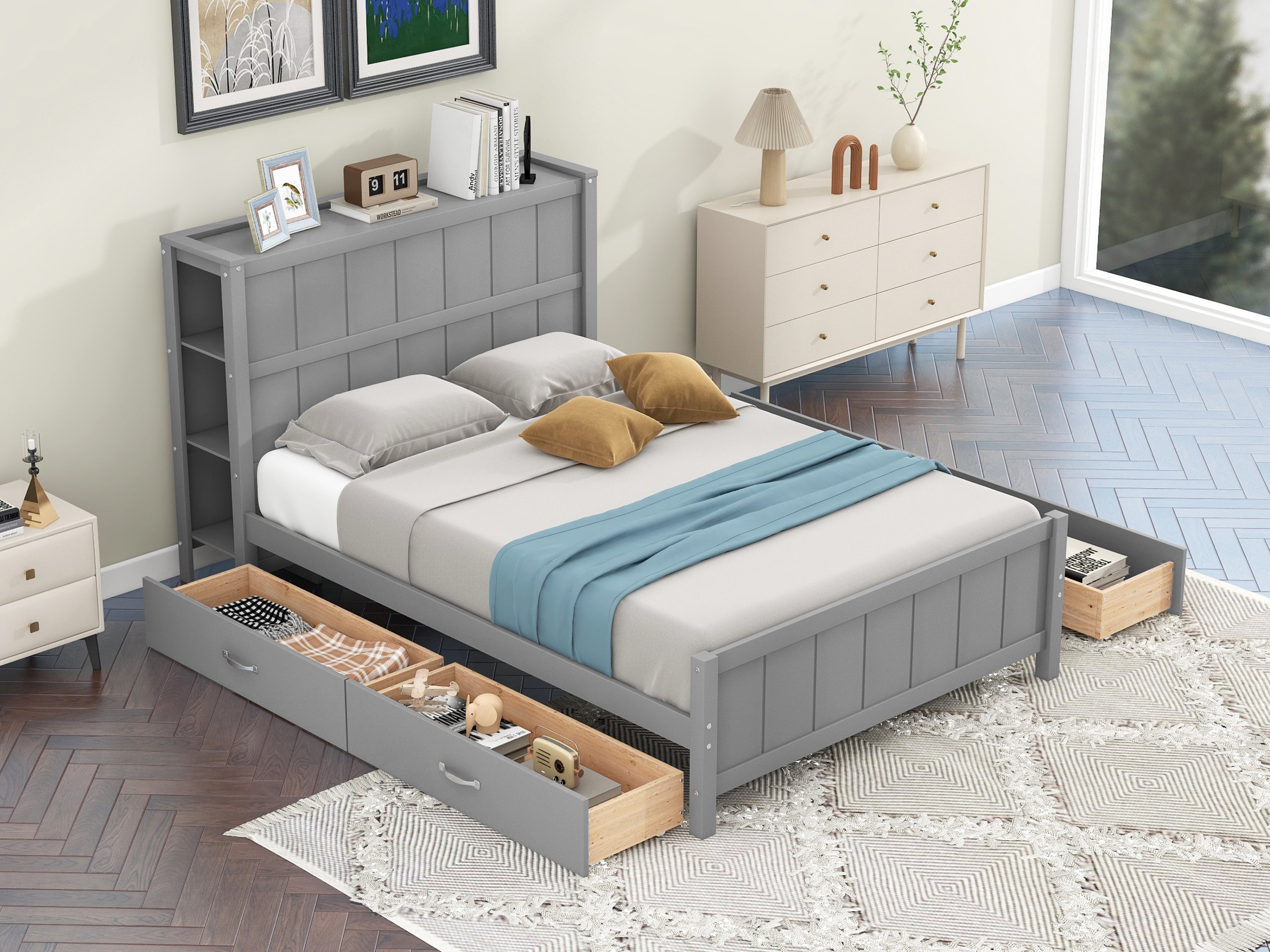Full Size Platform Bed with Drawers and Storage Shelves, Gray - Atlantic Fine Furniture Melbourne FL