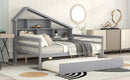 Full Size Platform Bed with Trundle and Shelves, Gray