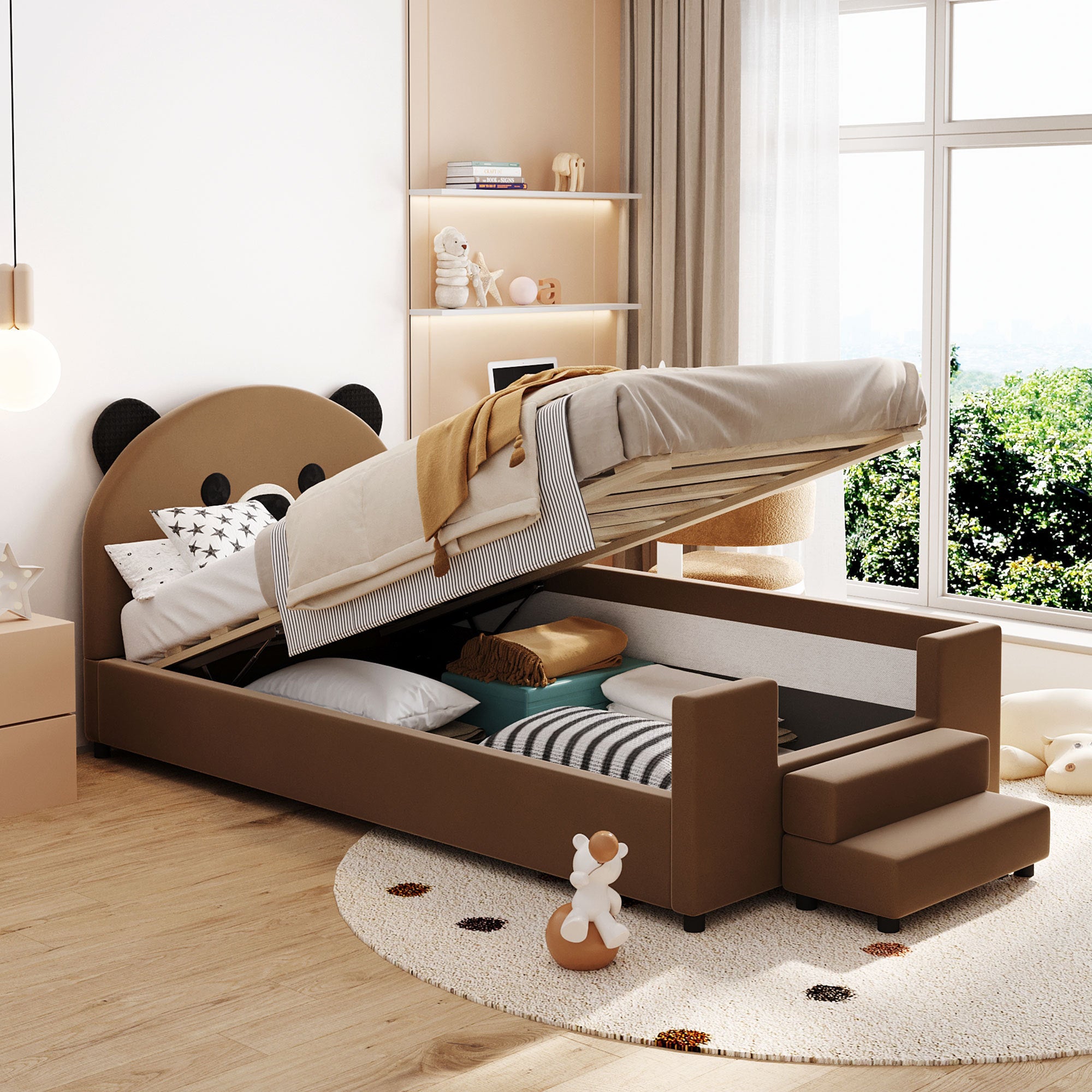 Twin Size Upholstered Daybed with Bear Shaped Headboard, Hydraulic System and Breathable Mesh Fence, Brown - Atlantic Fine Furniture Melbourne FL
