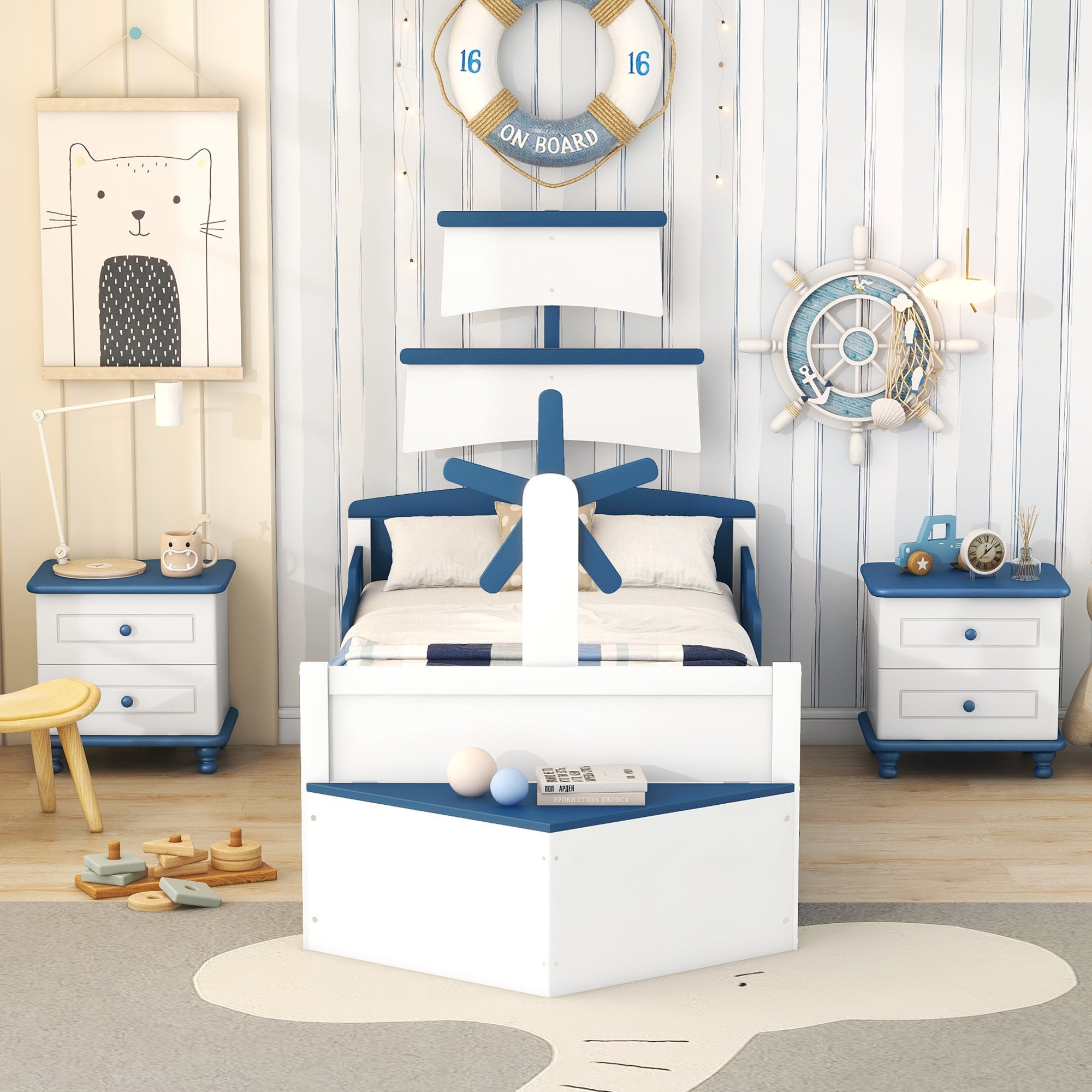 3-Pieces Bedroom Sets,Twin Size Boat-Shaped Platform Bed with  Trundle and Two Nightstands,White+Blue - Atlantic Fine Furniture Melbourne FL
