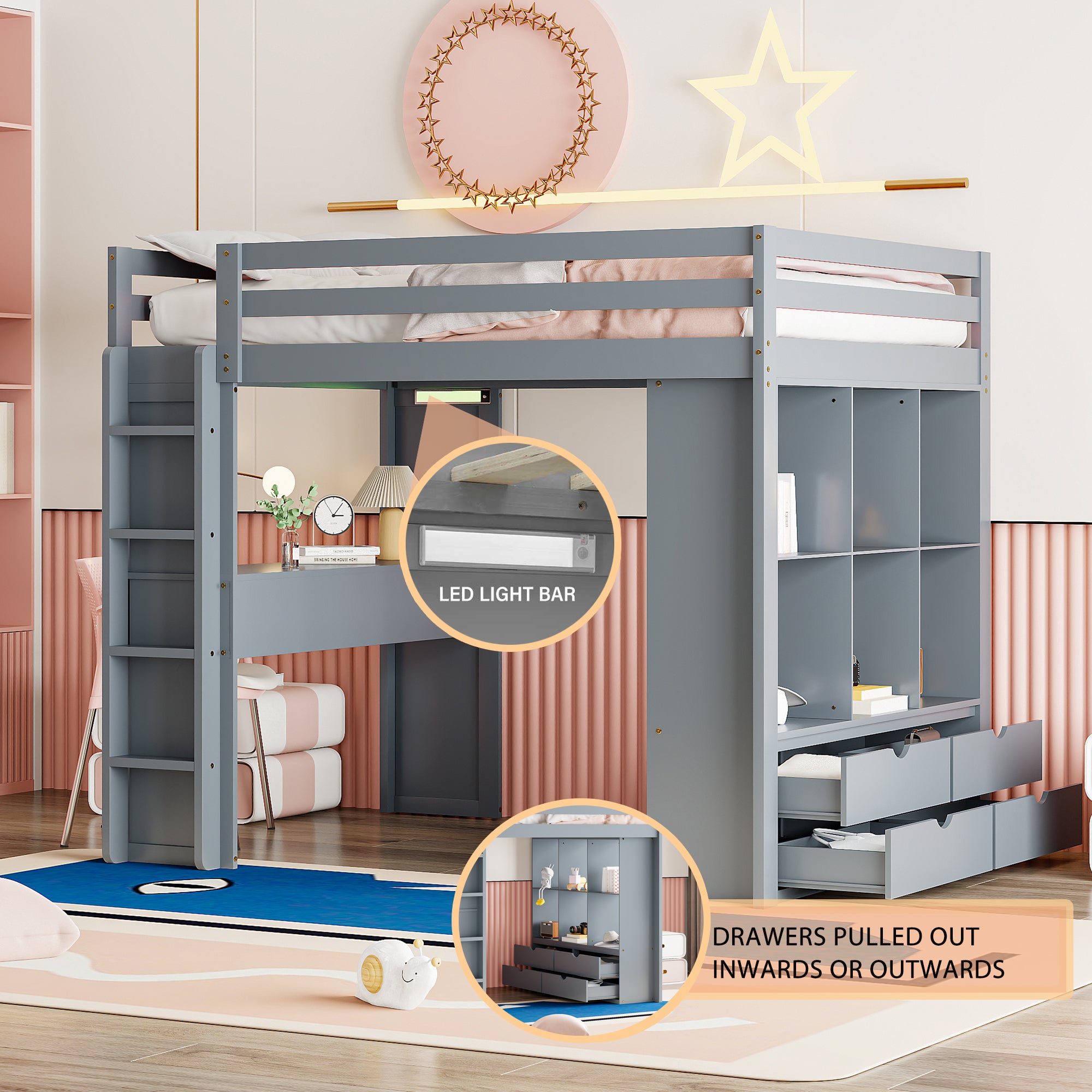 Full Size Loft Bed with large shelves, writing desk and LED Light, Gray - Atlantic Fine Furniture Melbourne FL