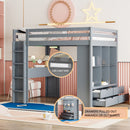 Full Size Loft Bed with large shelves, writing desk and LED Light, Gray