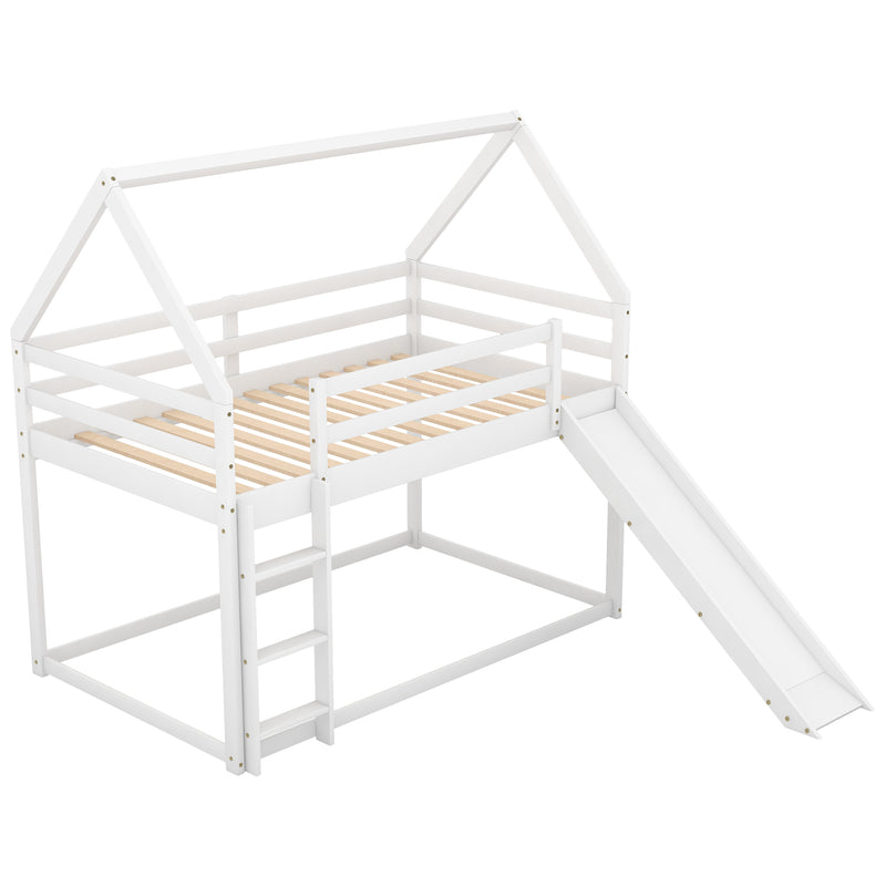 Twin Size Bunk House Bed with Slide and Ladder,White