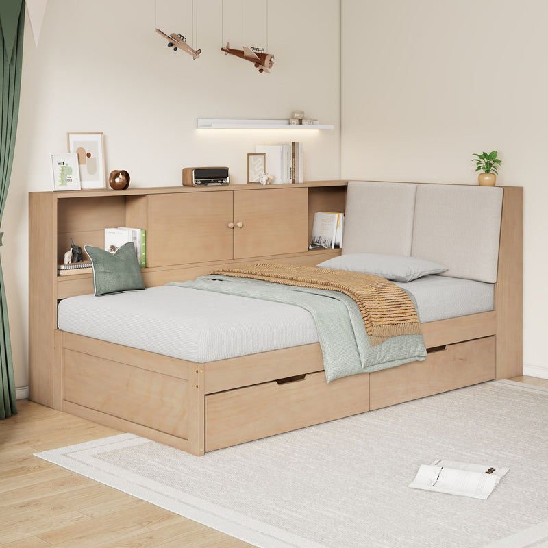 L-Shaped Daybed Corner Bed Under Bed Drawers With Storage Bookcase And Upholstered Headboard And USB Charging Ports