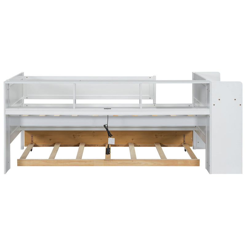 Twin Daybed With Drawers, Trundle, Headboard Storage, Study Desk, And USB Charging Station - White