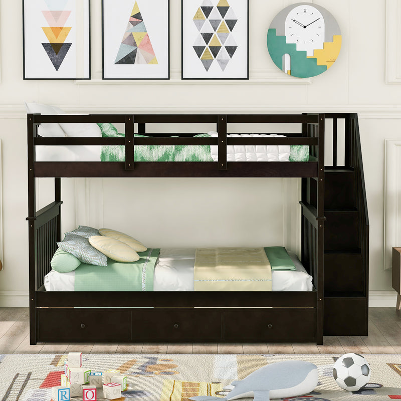 Stairway Full-Over-Full Bunk Bed with Drawer, Storage and Guard Rail for Bedroom, Espresso color( old sku: LP000310AAP )