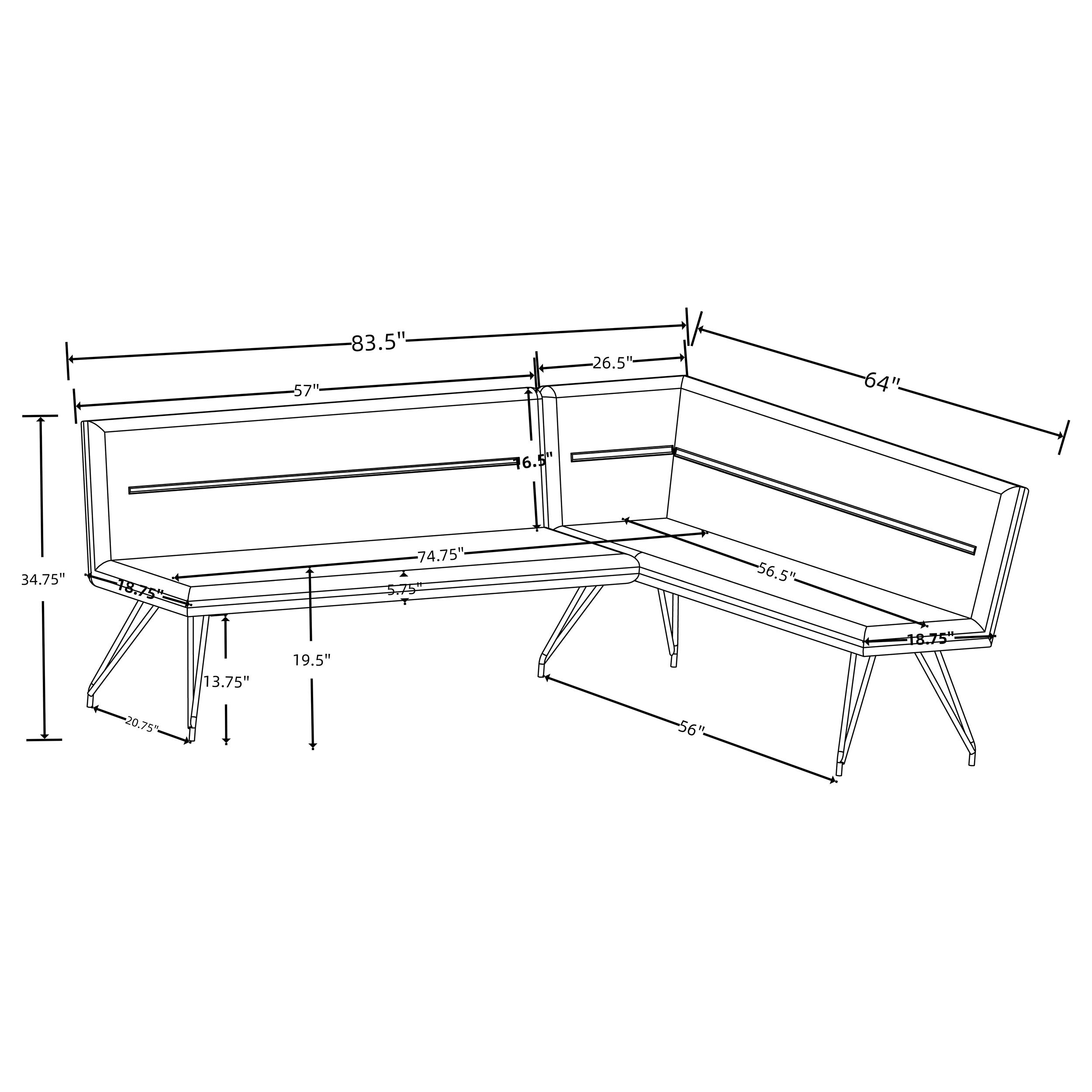 Dodson Fabric Upholstered L-Shaped Nook Dining Bench Grey — view 8