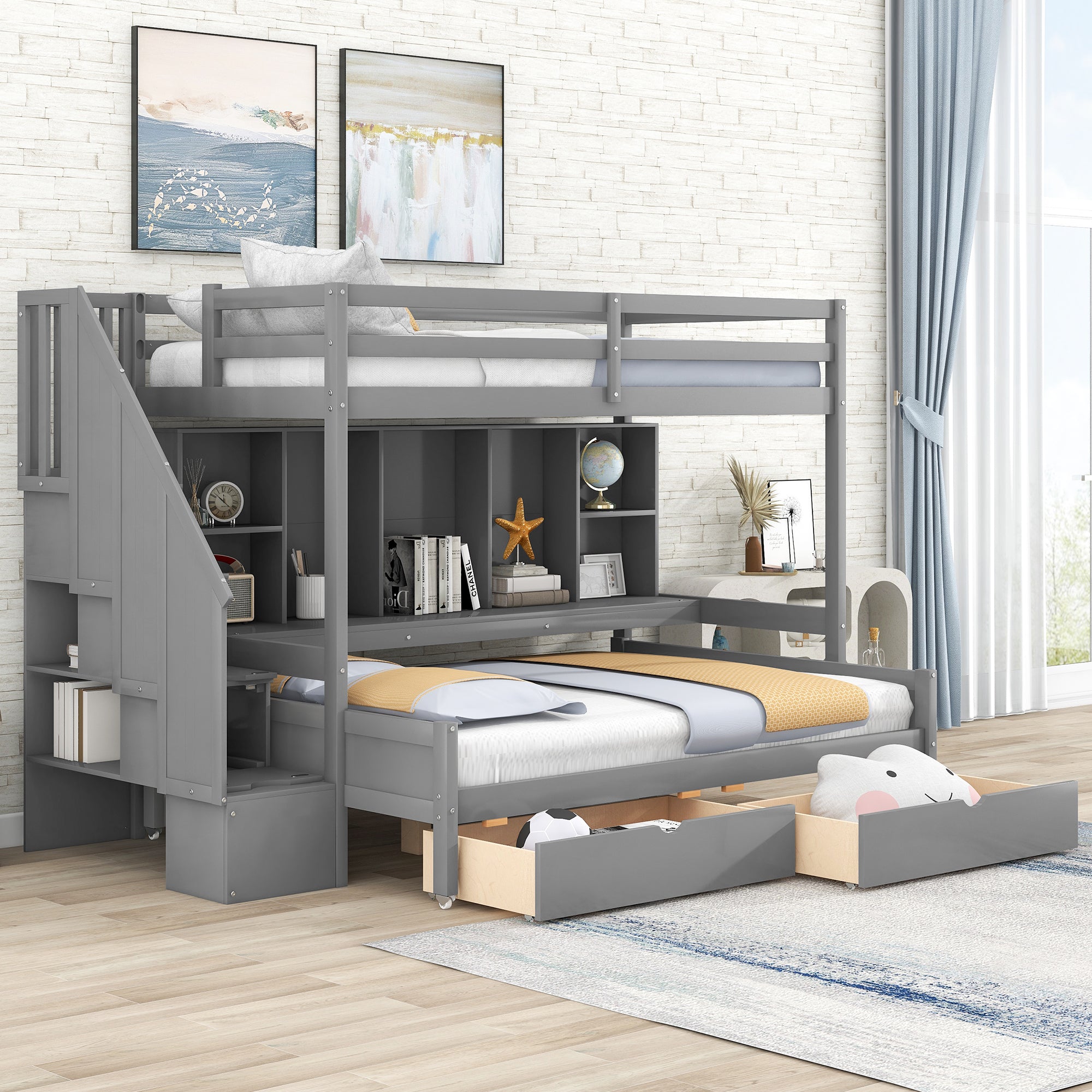 Twin XL over Full Bunk Bed with Built-in Storage Shelves, Drawers and Staircase,Gray - Atlantic Fine Furniture Melbourne FL