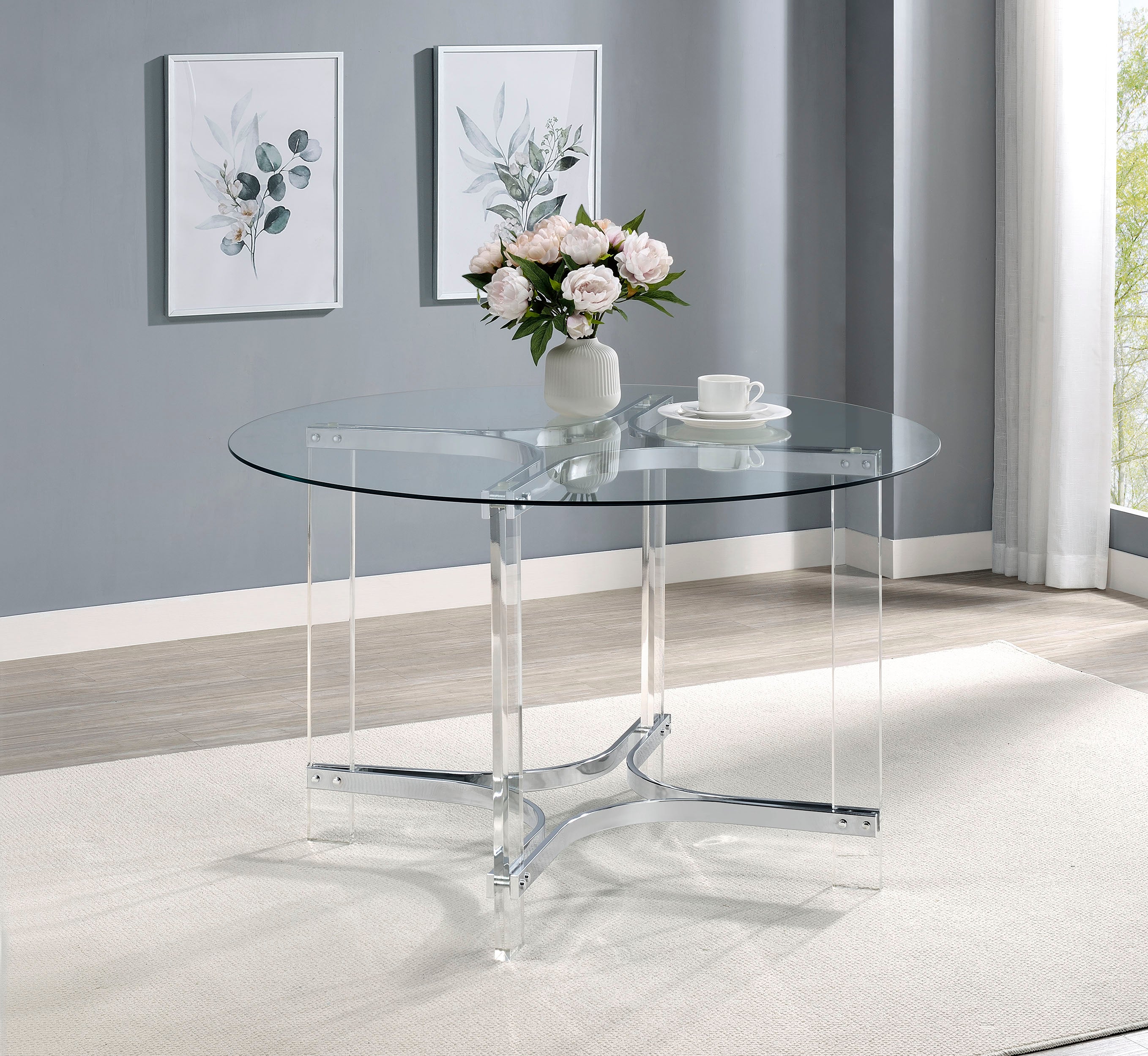 Keeling 47-inch Round Glass Top Acrylic Dining Table Chrome — view 2