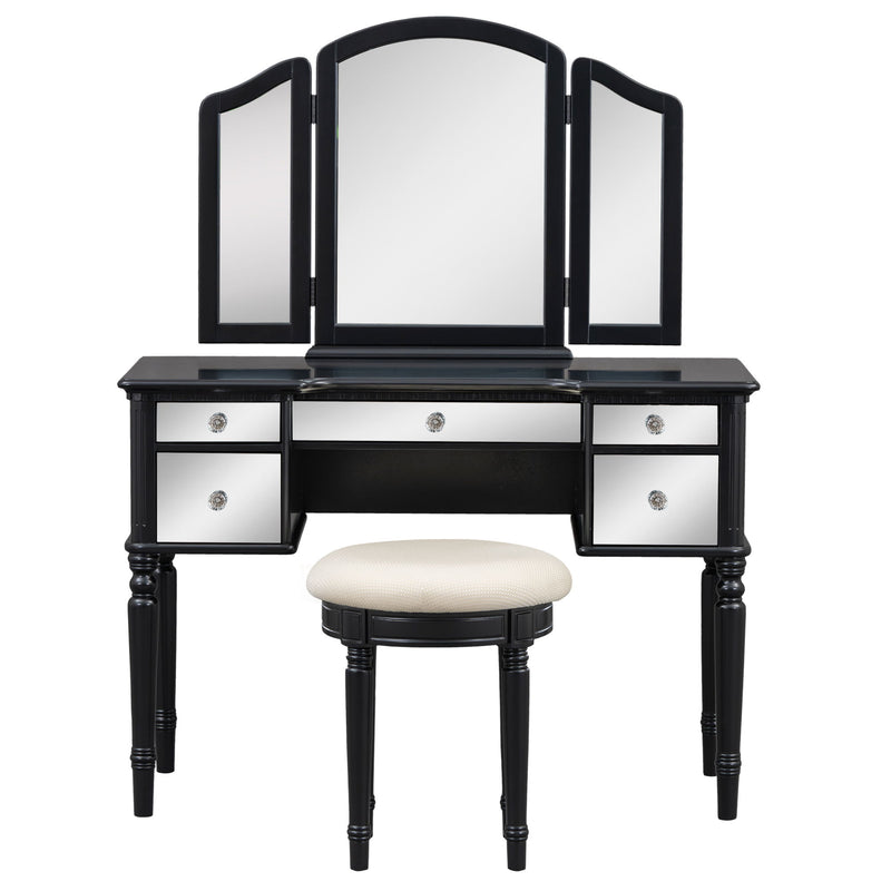 Dressing Table Set With Mirrored Drawers And Stool, Tri-Fold Mirror, Makeup Vanity Set For Bedroom