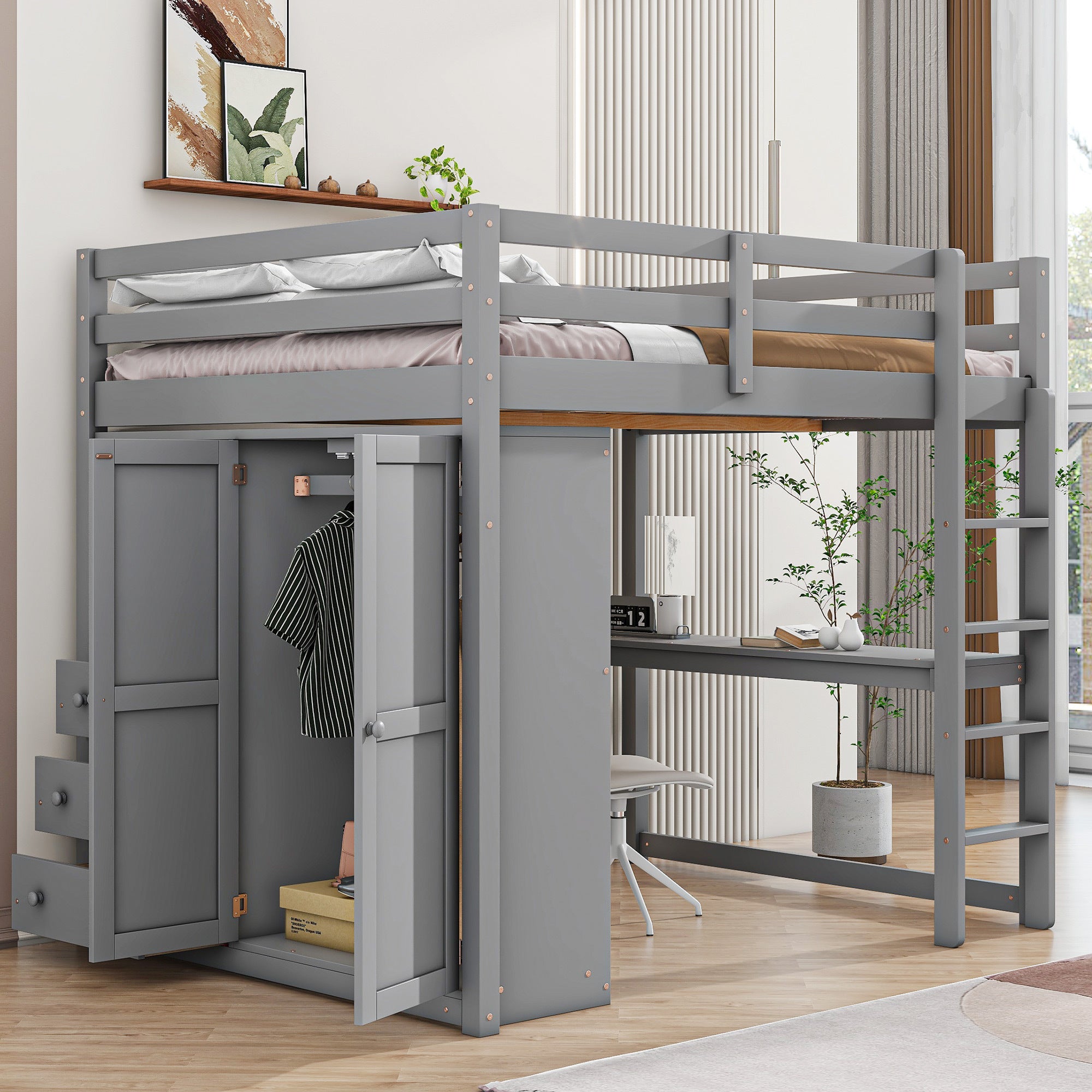 Wood Full Size Loft Bed with Built-in Wardrobe, Desk, Storage Shelves and Drawers, Gray - Atlantic Fine Furniture Melbourne FL