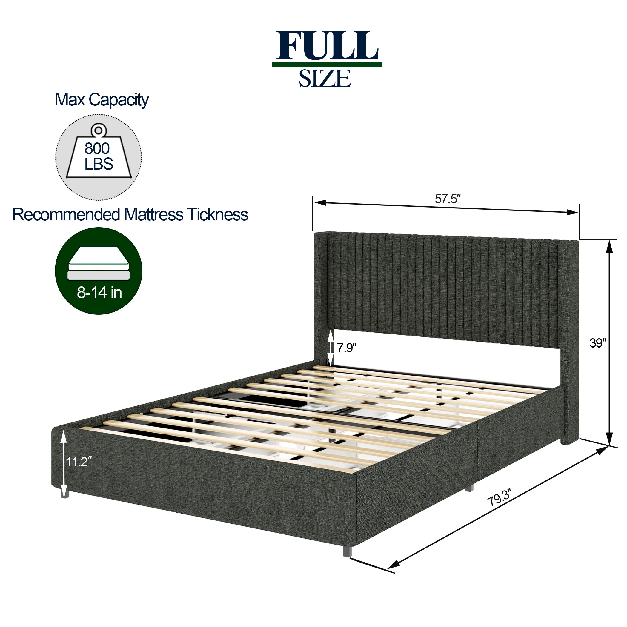 Anna Full Size Gray Linen Upholstered Wingback Platform Bed with Patented 4 Drawers Storage, Modern Design Headboard with Tight Channel, Wooden Slat Mattress Support No Box Spring Needed - Atlantic Fine Furniture Melbourne FL
