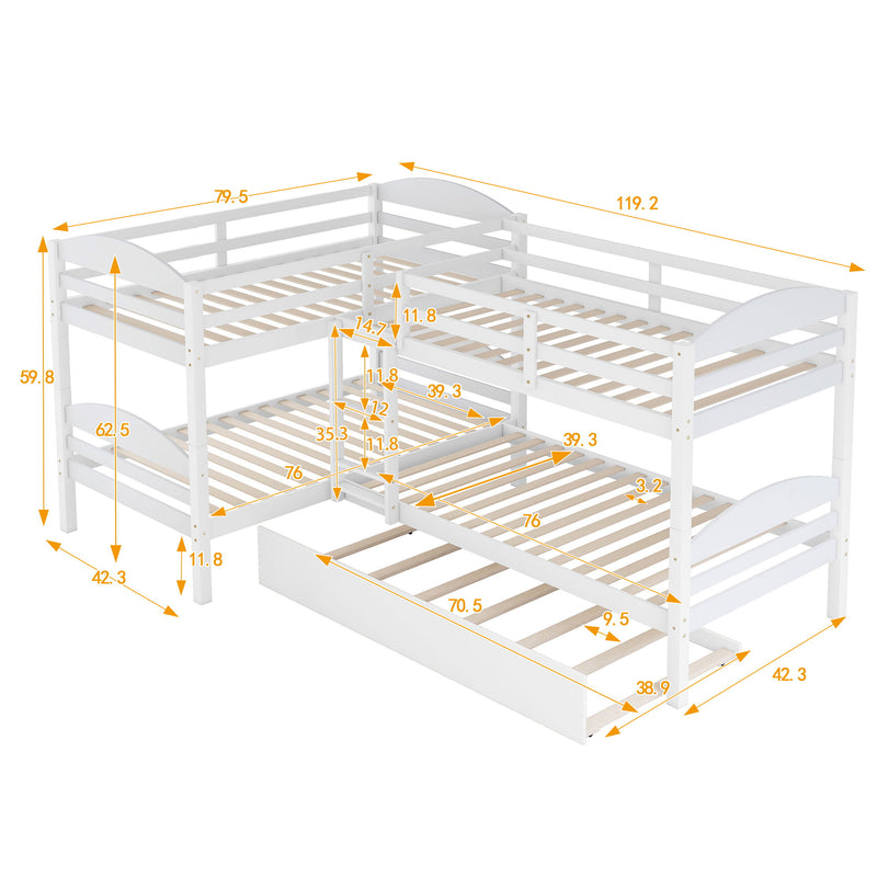 Twin L-Shaped Bunk Bed With Trundle - White