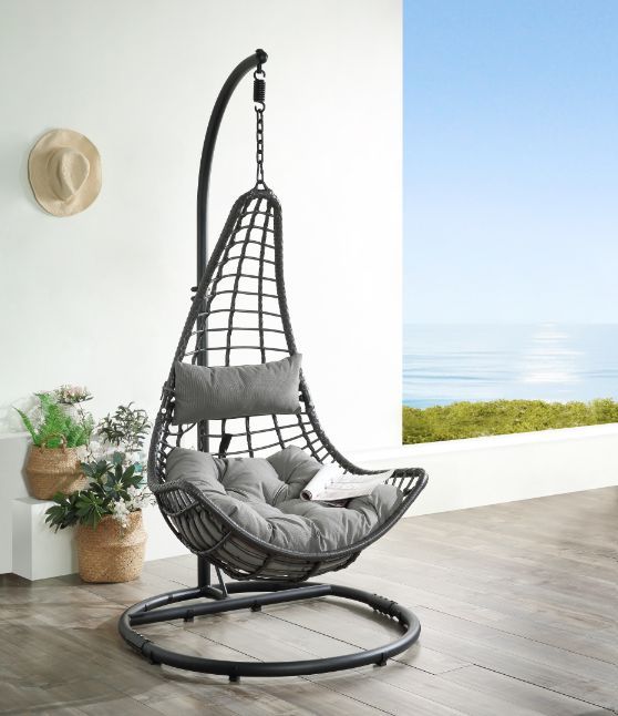 Uzae - Patio Swing Chair - Gray Fabric & Charcaol Wicker - Atlantic Fine Furniture Inc