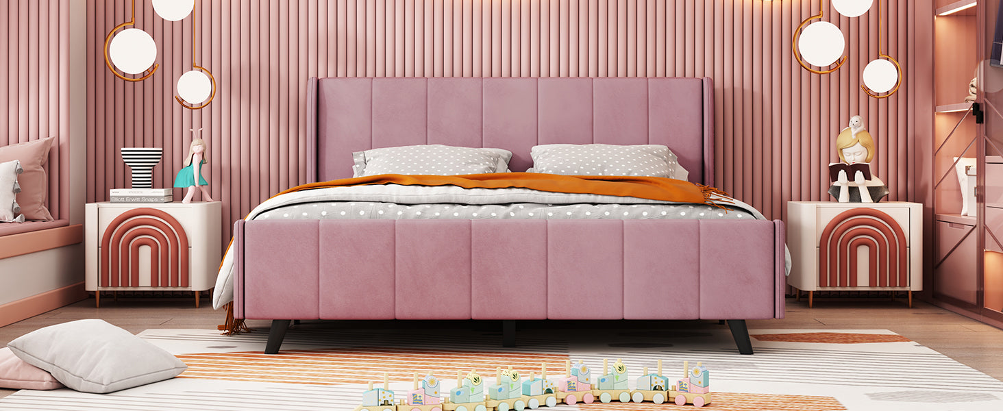 Queen Size Upholstered Platform Bed, Velvet, Pink - Atlantic Fine Furniture Melbourne FL
