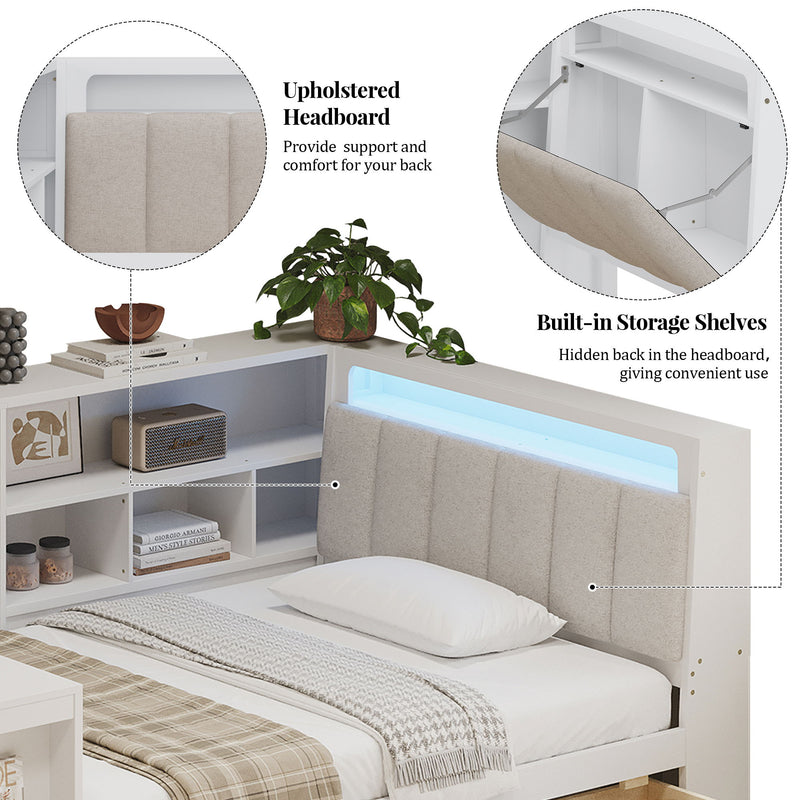 L Shaped Daybed With Desk, Bookcase, Upholstered Headboard, Drawers, And LED Light