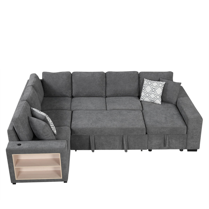 U-Shaped Sectional Sofa Pull-Out Sofa Bed With Two USB Ports, A Storage Chaise Lounge And Four Back Pillows For Living Room