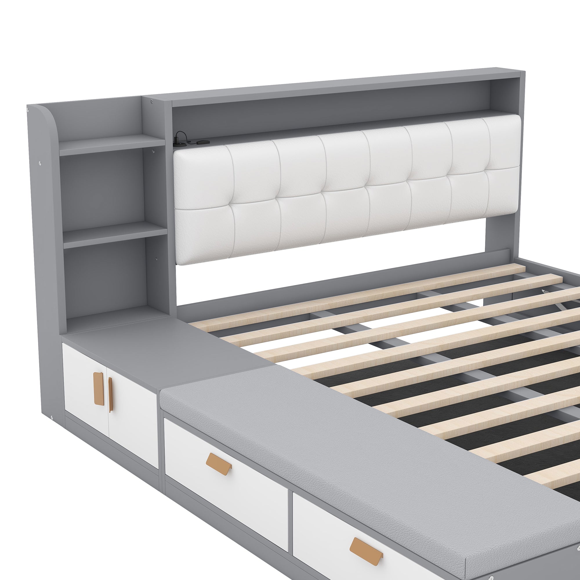 Queen Size Platform Bed Frame with Upholstery Headboard and Storage Shelves and,USB Charging,Gray - Atlantic Fine Furniture Melbourne FL