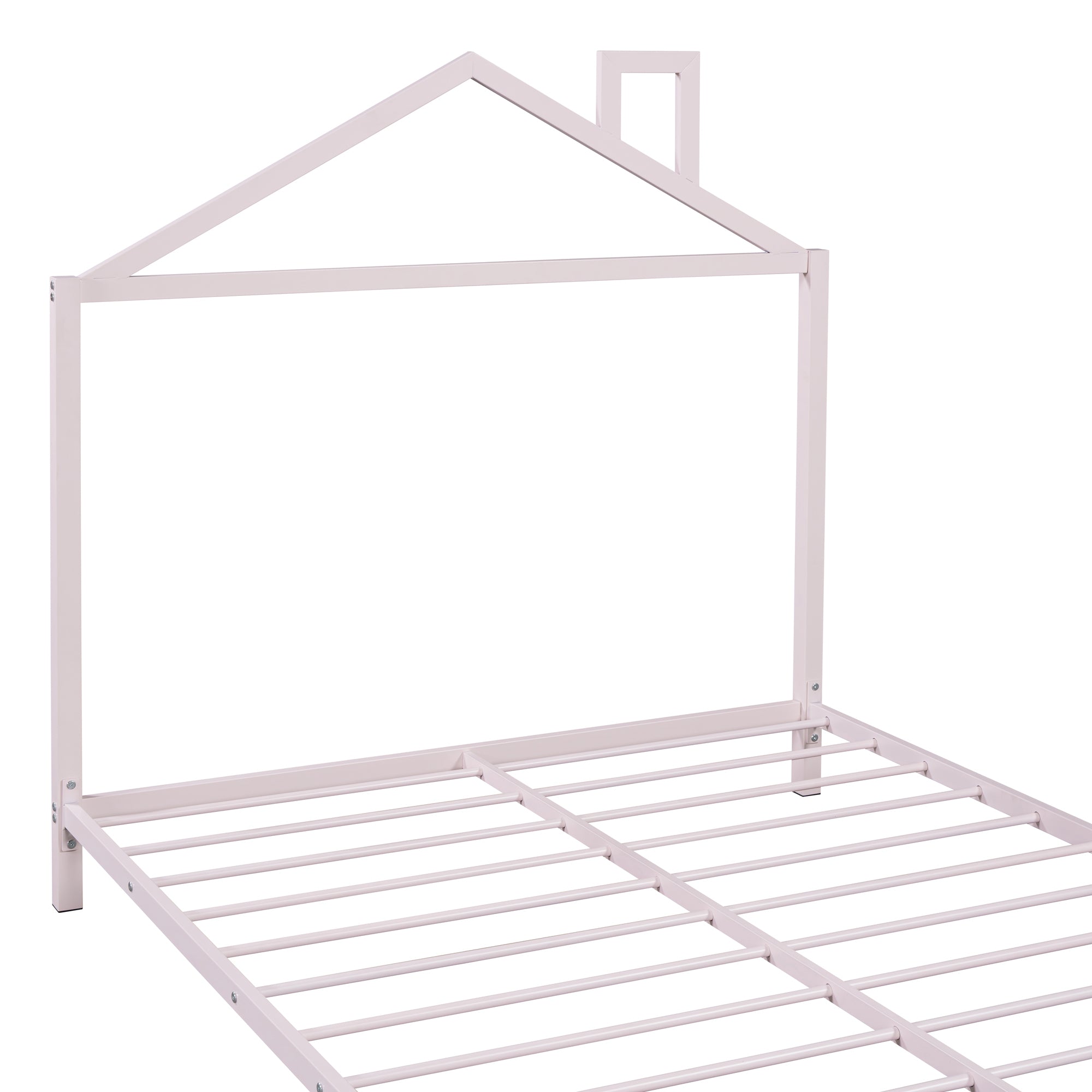 Full Size Metal Platform Bed with House-Shaped Headboard Design, Pink