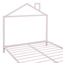 Full Size Metal Platform Bed with House-Shaped Headboard Design, Pink