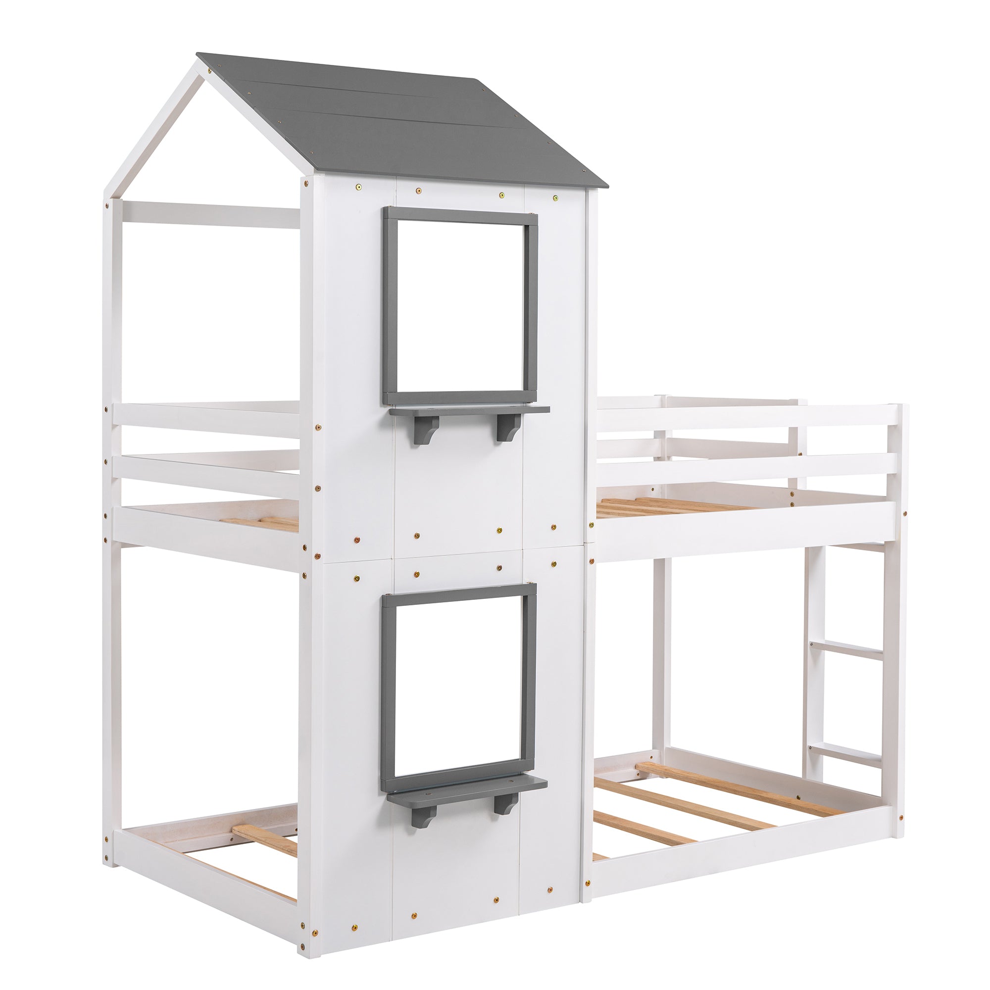 Twin Over Twin Bunk Bed Wood Bed with Roof, Window, Guardrail, Ladder (White)(OLD SKU :LP000056AAK) - Atlantic Fine Furniture Melbourne FL