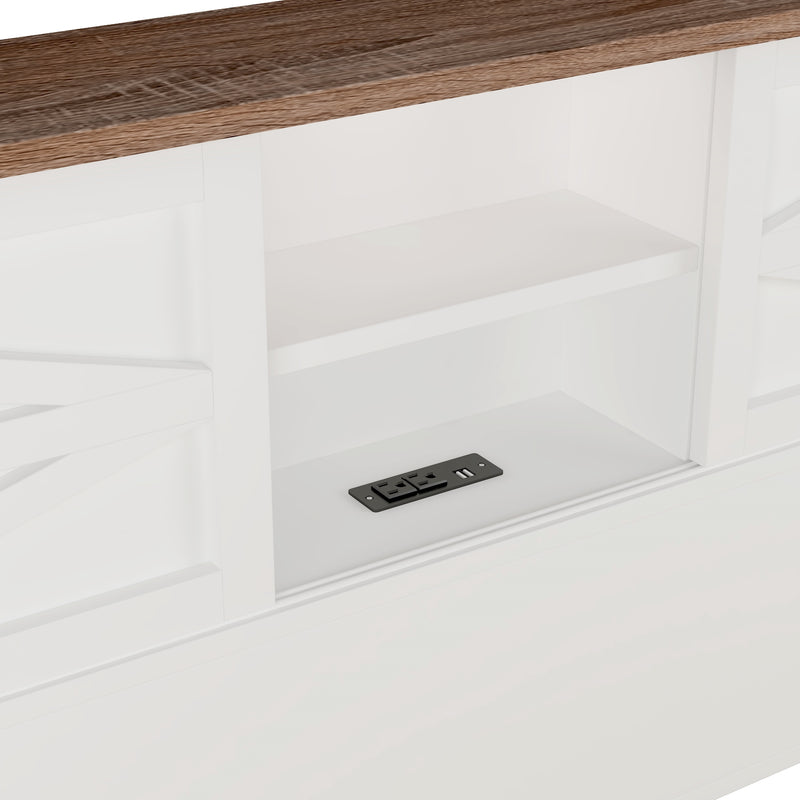 Farmhouse Platform Bed with Double Sliding Barn Door, Queen Size Rustic Wood Bed with
Charging Station, Wood Slats Support, White+Brown