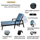 3 Piece Outdoor Patio Lounge Set, 2 Chaise & 1 End Table With Modern Tapered Feet, Pneumatic Adjustable Backrest, Wheels, Sunbrella Cushion - Ember Black / Blue