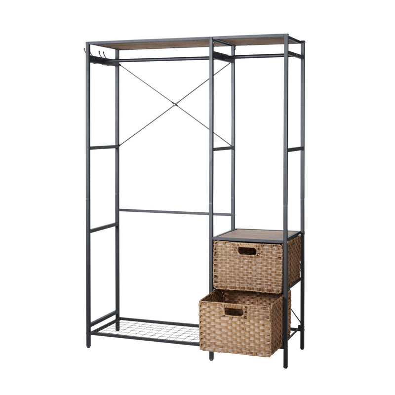 Garment Rack With Shelves, 2 Wicker Drawers, 4 Hooks, Organizer