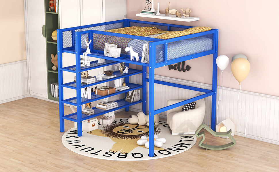 Full Size Metal Loft Bed with 4-Tier Shelves and Storage, Blue - Atlantic Fine Furniture Melbourne FL