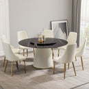 Modern Artificial Stone Round Plywood Base Dining Table, Can Accommodate 8 People Artificial Stone Turntable (Not Including Chairs) - Black / Beige