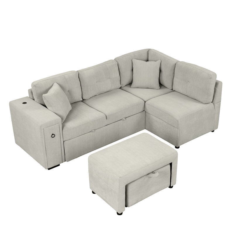 Sectional Sofa L-Shaped Sofa Couch Pull-Out Sofa Bed With A Movable Ottoman, Two USB Ports And Two Cup Holders For Living Room