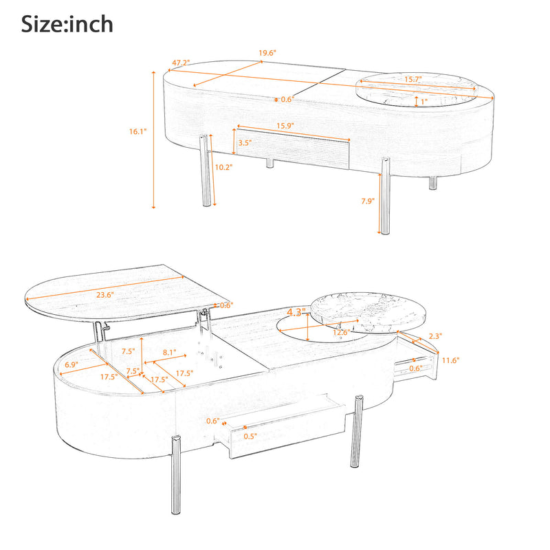 Lift Top Coffee Table With 360 Degree Marble Patterned Rotating Tray